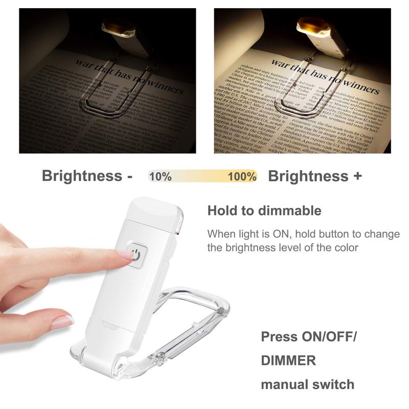 HONWELL Rechargeable Clip On LED Book Light, 3 Brightness Levels Dimmable Bookmark Light for Eye-Protection, Portable Reading Lamp for Bookworms, Travel (White) - Image 1
